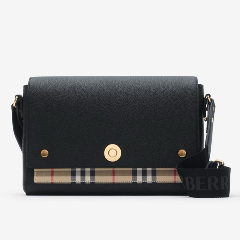 Burberry Archive Black Calf Leather & Check Note Adjustable Crossbody - Picture 3 of 16